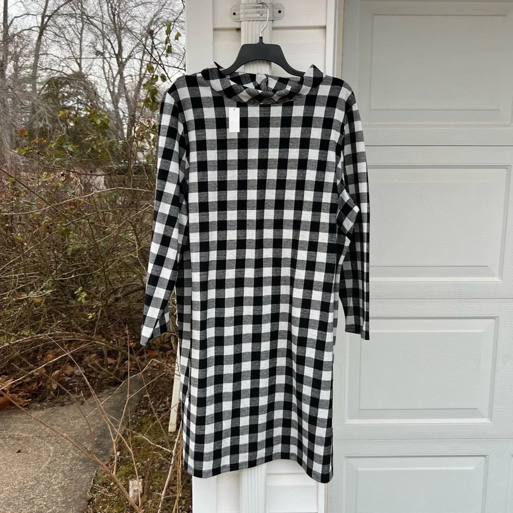 NWT Talbots Pretty Black White Check High Neck Button Back Long Sleeve Dress - Picture 5 of 6